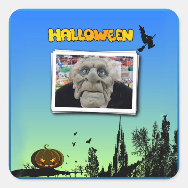 Mask of Old Man, Flying Witch and Jack o Lantern Square Sticker (Front)