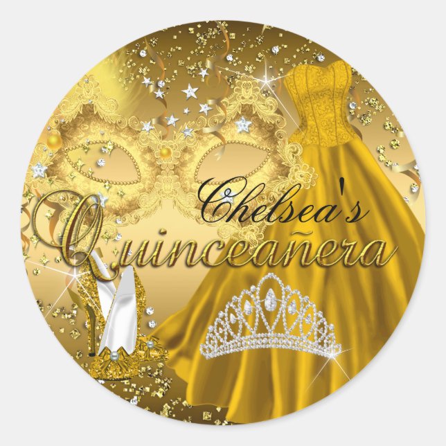 Mask & Tiara Gold Masquerade Quinceanera Sticker (Front)