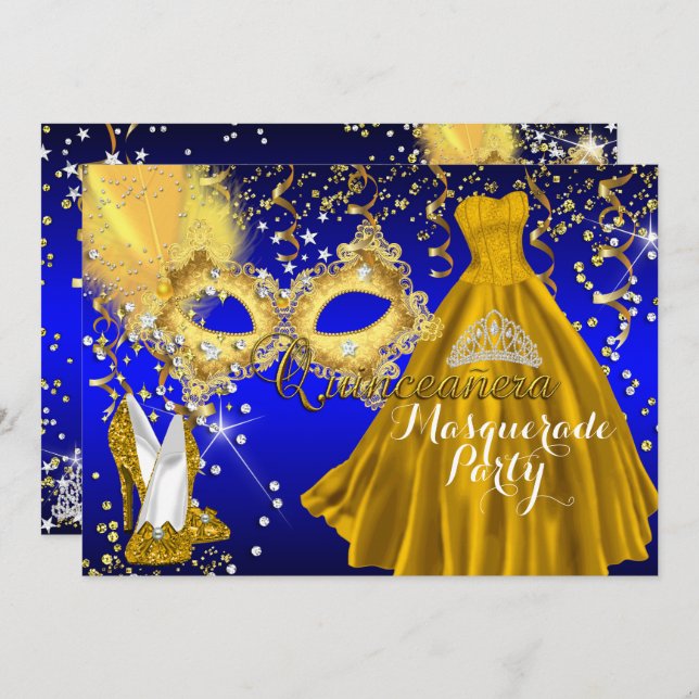 Mask Tiara Masquerade Quinceanera Gold Blue Invitation (Front/Back)
