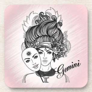 Masked Lady Gemini Zodiac Symbol and Sign Pink Coaster