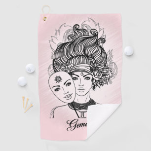 Masked Lady Gemini Zodiac Symbol and Sign Pink Golf Towel