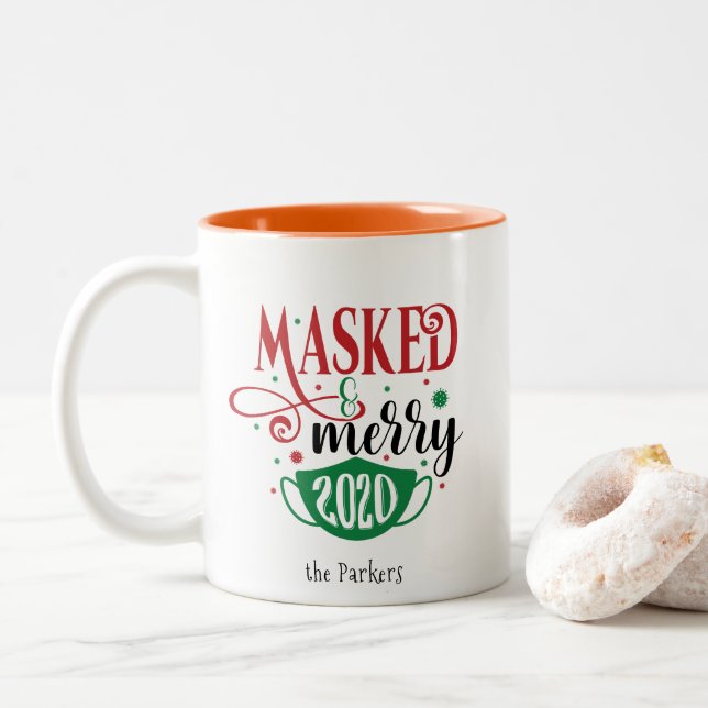 Masked & Merry 2020 | Quarantined Christmas Funny Two-Tone Coffee Mug (With Donut)