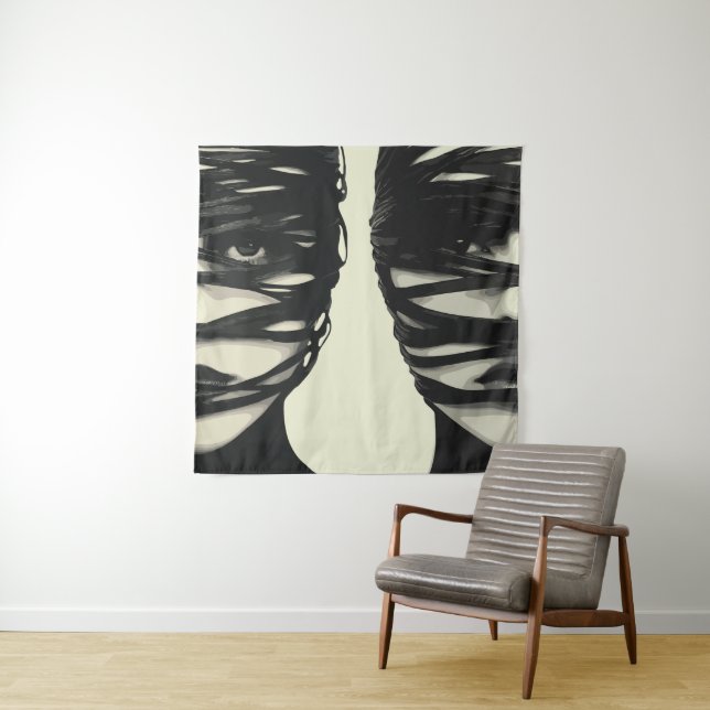 Masked Mystery: Dual Wrapped Faces Art Tapestry (In Situ)