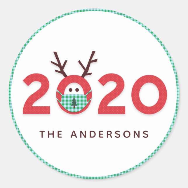 Masked Reindeer 2020 Custom Holiday Red Green Classic Round Sticker (Front)