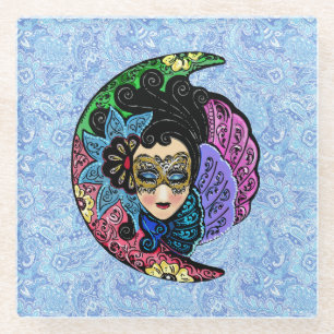 Masked Woman and Crescent Moon Glass Coaster