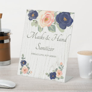 Masks & Hand Sanitizer Blue, Peach Floral Wedding Pedestal Sign