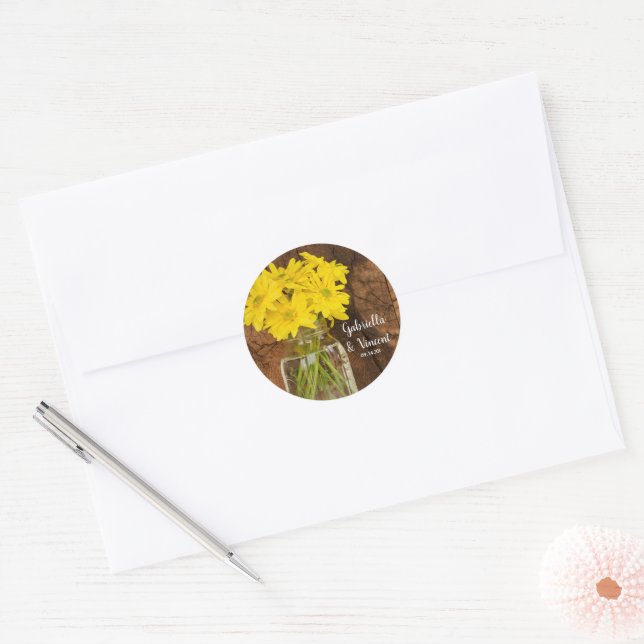 Mason Jar and Daisies Country Barn Wedding Classic Round Sticker (Envelope)