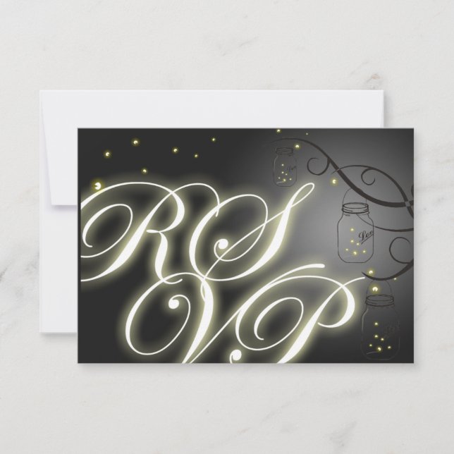 Mason Jar and Firefly RSVP - Black White Card (Front)
