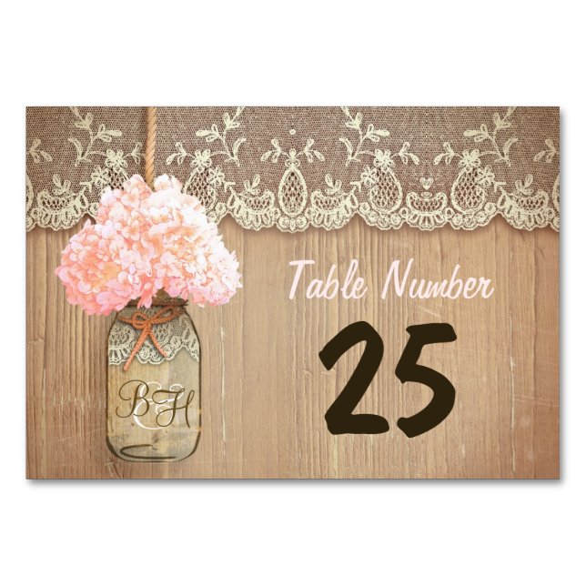 mason jar and hydrangea rustic table number cards (Front)