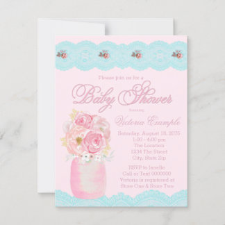 Mason Jar and Lace Watercolor Floral Baby Shower Invitation