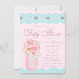 Mason Jar and Lace Watercolor Floral Baby Shower Invitation