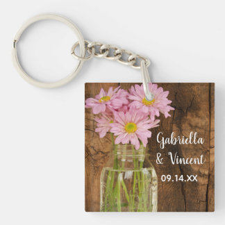Mason Jar and Pink Daisies Country Barn Wedding Key Ring
