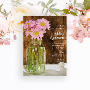 Mason Jar and Pink Daisies Quinceañera Barn Party Invitation