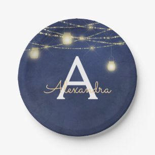 Mason Jar and String Lights Monogrammed Paper Plate