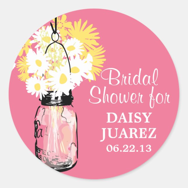 Mason Jar and White Daisies Bridal Shower Classic Round Sticker (Front)