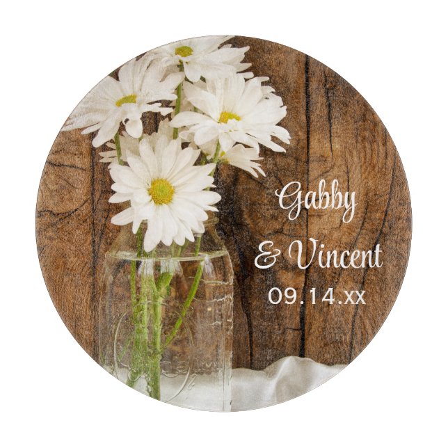Mason Jar and White Daisies Country Barn Wedding Cutting Board (Front)