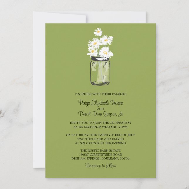 Mason Jar and White Daisies | Green Wedding Invitation (Front)