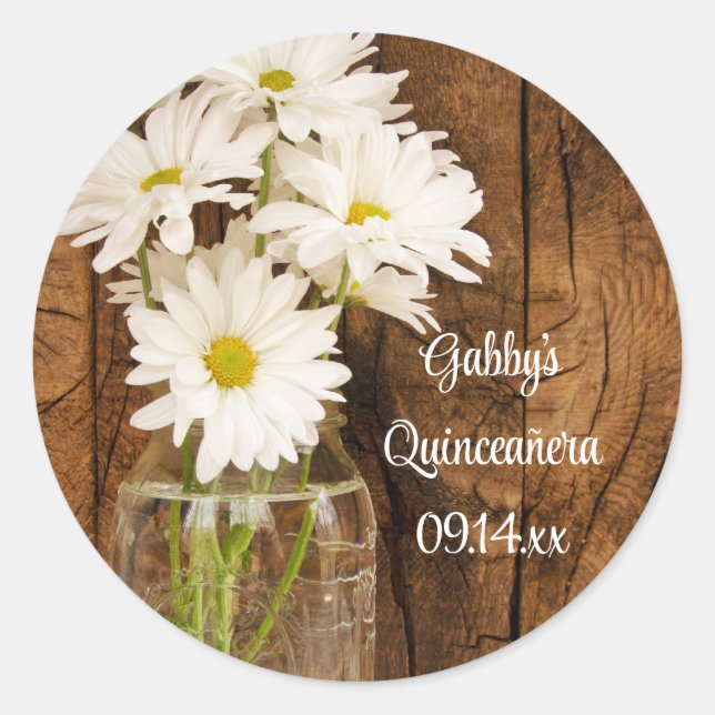 Mason Jar and White Daisies Quinceañera Favour Tag (Front)