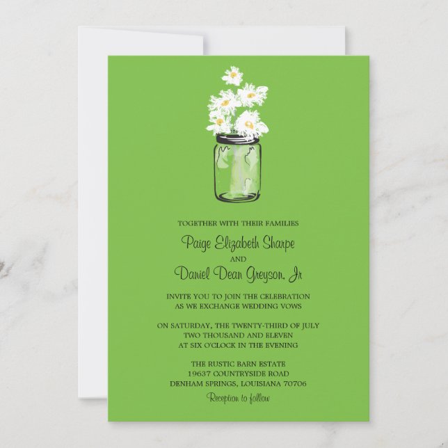 Mason Jar  and White Daisies Wedding Invitation (Front)