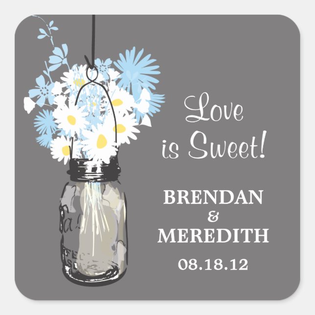 Mason Jar and White Daisies Wedding Square Sticker (Front)