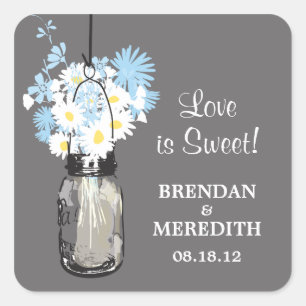 Mason Jar and White Daisies Wedding Square Sticker