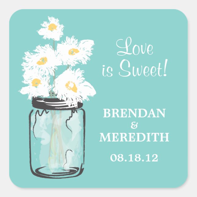 Mason Jar and White Daisies Wedding Square Sticker (Front)