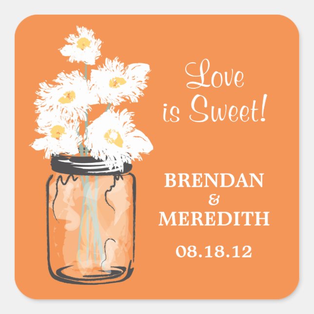 Mason Jar and White Daisies Wedding Square Sticker (Front)