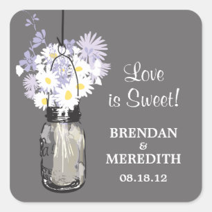 Mason Jar and White Daisies Wedding Square Sticker