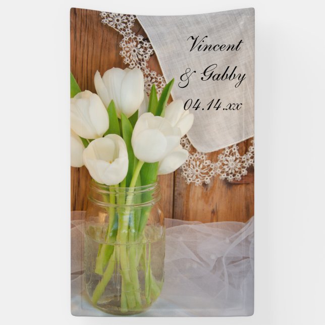 Mason Jar and White Tulips Country Barn Wedding Banner (Vertical)