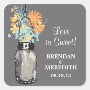 Mason Jar and Wildflowers Wedding Square Sticker