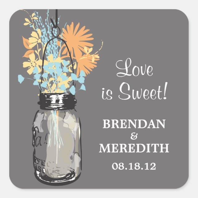Mason Jar and Wildflowers Wedding Square Sticker (Front)