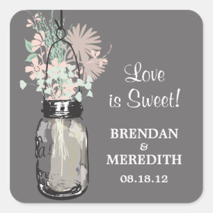 Mason Jar and Wildflowers Wedding Square Sticker