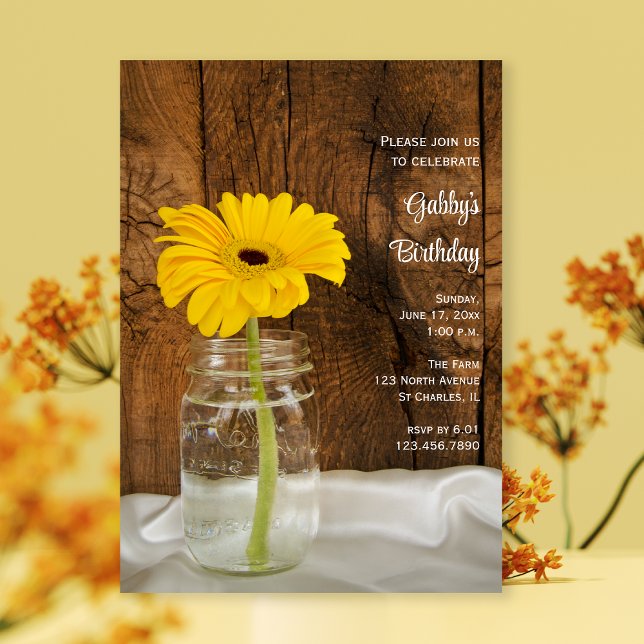 Mason Jar and Yellow Daisy Barn Birthday Party Invitation (Creator Uploaded)