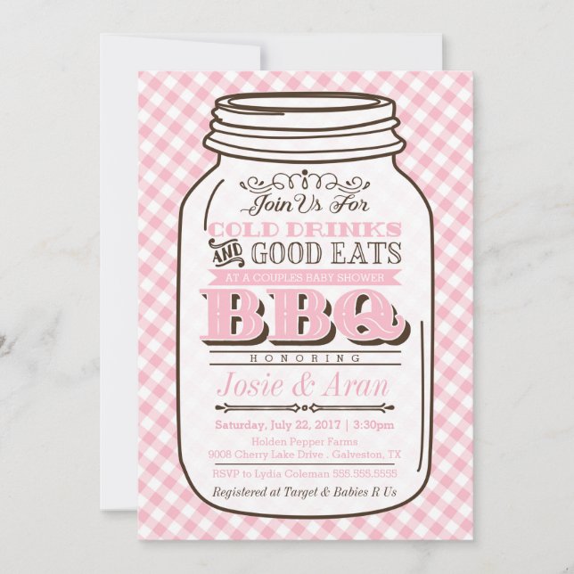 Mason Jar BBQ Invitation, Couples Baby Shower Girl Invitation (Front)