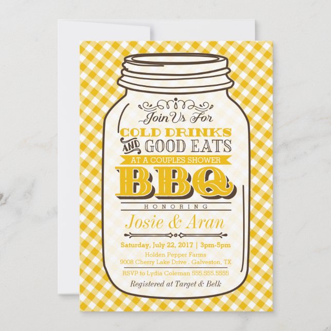 Mason Jar BBQ Invitation, Couples Shower, Yellow Invitation (Front)