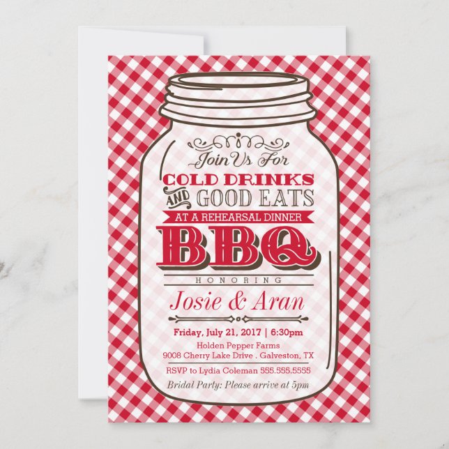 Mason Jar BBQ Invitation, Rehearsal Dinner Invite (Front)