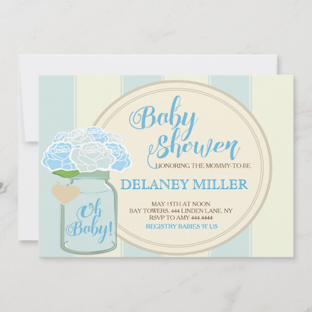 Mason Jar Blue Baby Shower Invitations (Front)