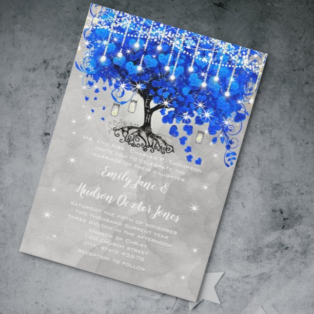 Mason Jar Blue Heart Leaf Tree Grey Watercolor Invitation (Creator Uploaded)