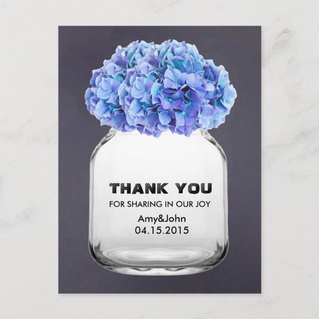 Mason jar blue hydrangea thank you note hydrangea7 postcard (Front)