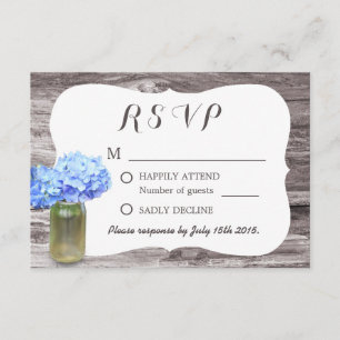 Mason Jar Blue Hydrangea Wood Wedding RSVP Card