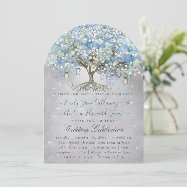 Mason Jar Blue Silver Heart Leaf Tree Fairy Lights Invitation (Standing Front)