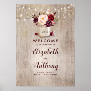 Mason Jar Burgundy Floral Wedding Welcome Sign