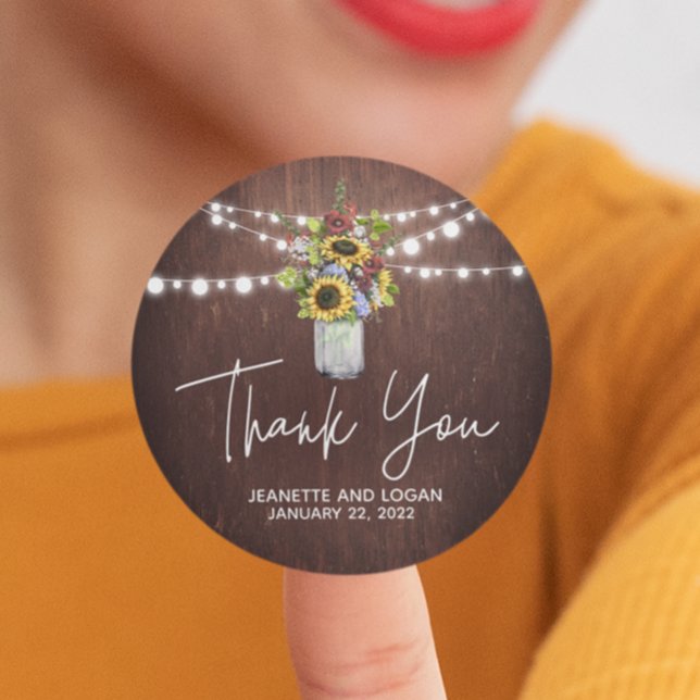 Mason Jar Burgundy Sunflower Wedding Thank you Classic Round Sticker (Creator Uploaded)