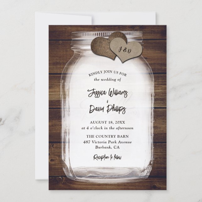 Mason Jar Burlap Hearts Rustic Wood Wedding Invitation (Front)