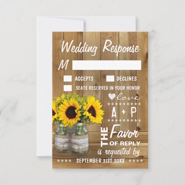 Mason Jar Burlap Lace Sunflower Wedding RSVP Cards (Front)