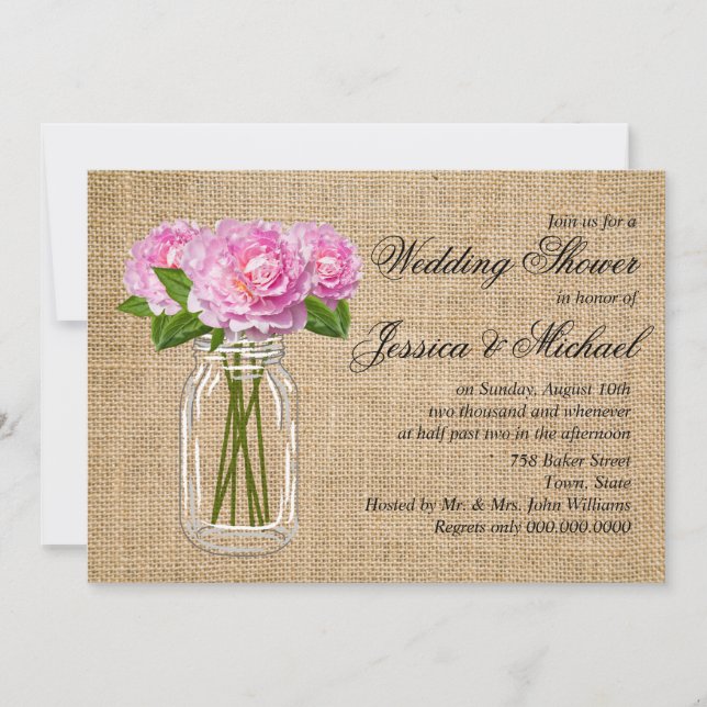 Mason Jar Burlap Peony Wedding Shower Invitation (Front)