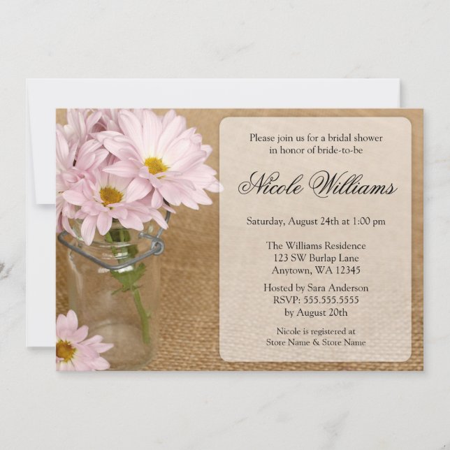 Mason Jar Burlap Soft Purple Daisies Bridal Shower Invitation (Front)