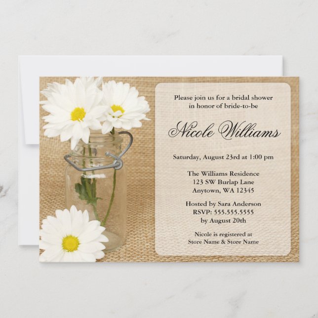 Mason Jar Burlap White Daisies Bridal Shower Invitation (Front)