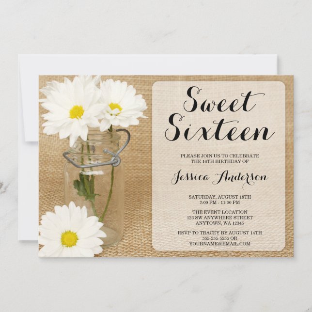Mason Jar Burlap White Daisies Sweet 16 Invitation (Front)