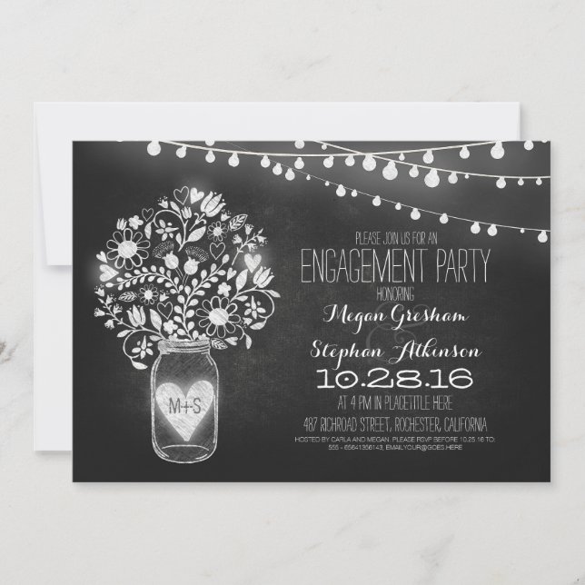 mason jar chalkboard & lights engagement party invitation (Front)